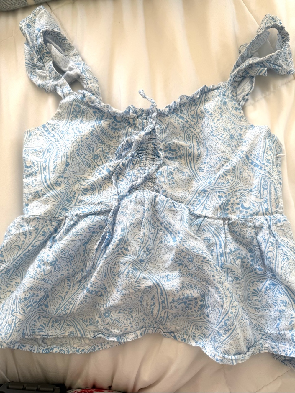 Urban Revivo Blue Paisley Ruffle Tie-Front Camisole Top